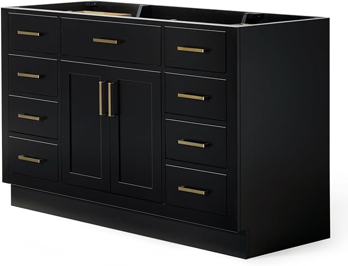 ARIEL Hepburn 54-inch Bathroom Vanity Base Cabinet,Solid Wood, 2 Soft Closing Doors, 9 Dovetail Drawers, Black