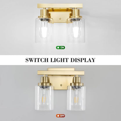 2-Light Brushed Gold Vanity Lights for Bathroom, Brushed Gold Bathroom Light Fixtures, Modern Vanity Lighting Over Mirror with Clear Glass Shade, Farmhouse Bath Wall Lamp for Mirror
