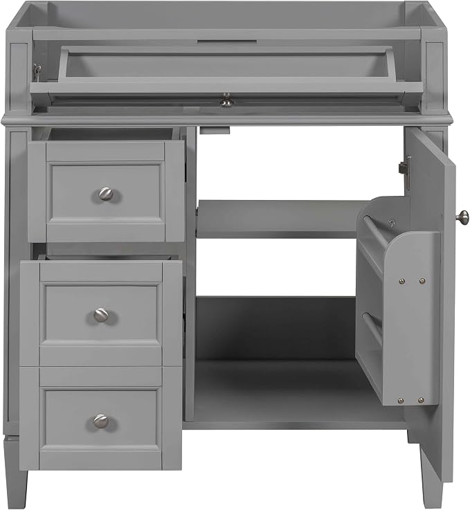 30" Bathroom Vanity Without Top Sink,Modern Freestanding Bath Storage Cabinet with 2 Soft-Close Drawers & Tip-Out Tray,Solid Wood Vanity Only w/Adjustable Shelf & Door Organizer,Grey