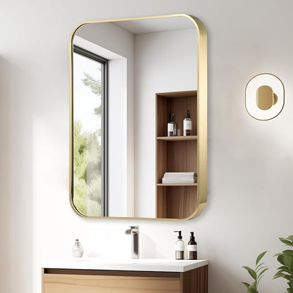22x30 Inch Gold Bathroom Mirror, Brushed Brass Gold Metal Framed Rectangular Mirror with Rounded Corner, Bathroom Vanity Mirror for Bedroom or Living Room, Horizontal/Vertical