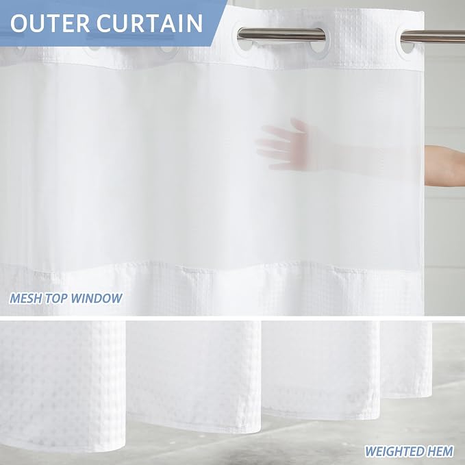 Furlinic No Hook Waffle Weave Shower Curtain with Snap in Waterproof Fabric Liner,Thick Textured Bathroom Curtains with Top Window,Machine Washable,White,71x78 Inch