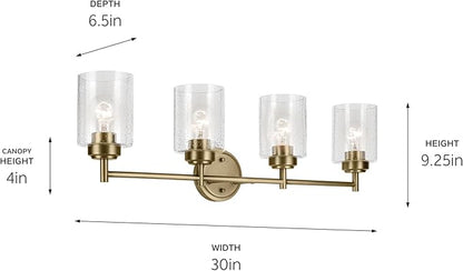 Kichler Winslow 30" 4-Light Vanity Light with Clear Seeded Glass in Natural Brass for Bathroom Vanity, Luxe Industrial, (30" x 9.25"), 45887NBR