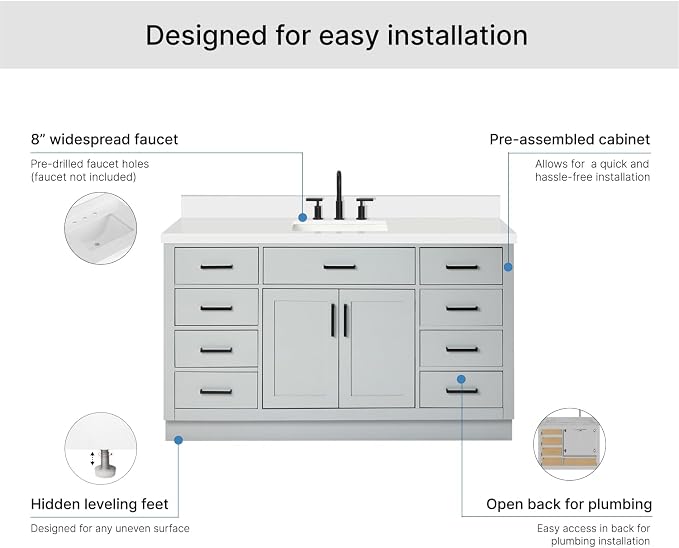 ARIEL Hepburn 60-inch Bathroom Vanity with Sink,Solid Wood, 1.5-inch Pure White Quartz Countertop & Backsplash, Single Rectangular Porcelain Sink, 2 Soft Closing Doors, 9 Dovetail Drawers, Grey