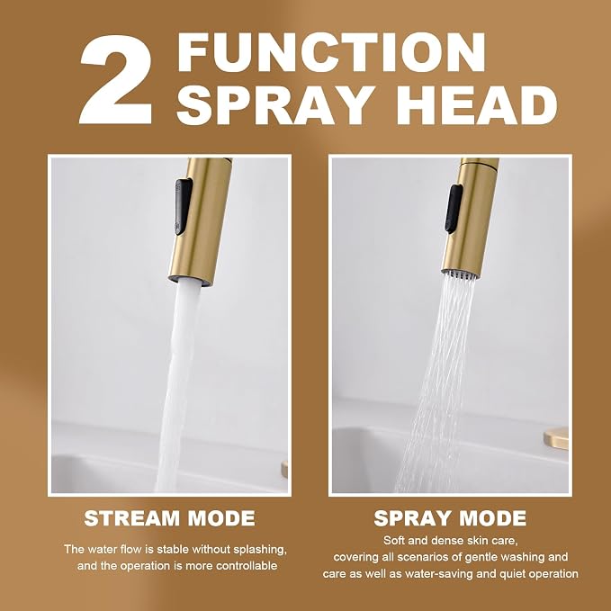 Gold Bathroom Sink Faucet with Pull Down Sprayer | 2 Mode Sprayer, with Deck Plate for 1 or 3 Hole, 360° Swivel, with Pop Up Drain for Vanity Bar RV Basin Laundry Kitchen