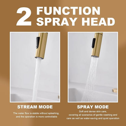 Gold Bathroom Sink Faucet with Pull Down Sprayer | 2 Mode Sprayer, with Deck Plate for 1 or 3 Hole, 360° Swivel, with Pop Up Drain for Vanity Bar RV Basin Laundry Kitchen