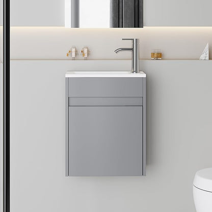 eclife 16" Small Bathroom Vanity Sink Combo, Modern Painted Wall Mounted Floating Cabinet W/Resin Basin Sink Top, Chrome Water Save Faucet & Pop Up Drain (B10G)