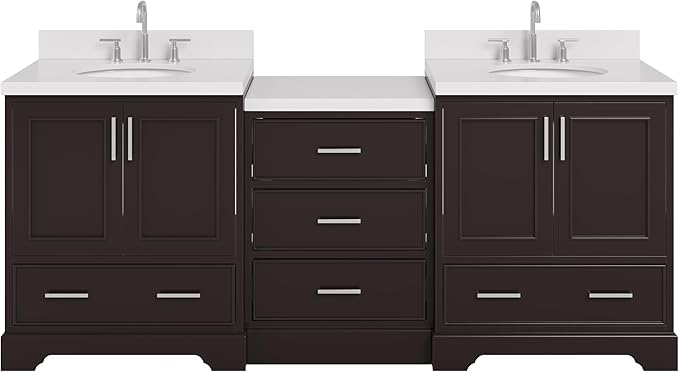ARIEL Stafford 84-inch Bathroom Vanity with Sink,Solid Wood, 1.5in Pure White Quartz Countertop & Backsplash, Double Oval Porcelain Sink, 4 Soft Closing Doors, 5 Dovetail Drawers, Espresso