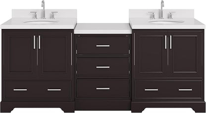 ARIEL Stafford 84-inch Bathroom Vanity with Sink,Solid Wood, 1.5in Pure White Quartz Countertop & Backsplash, Double Oval Porcelain Sink, 4 Soft Closing Doors, 5 Dovetail Drawers, Espresso