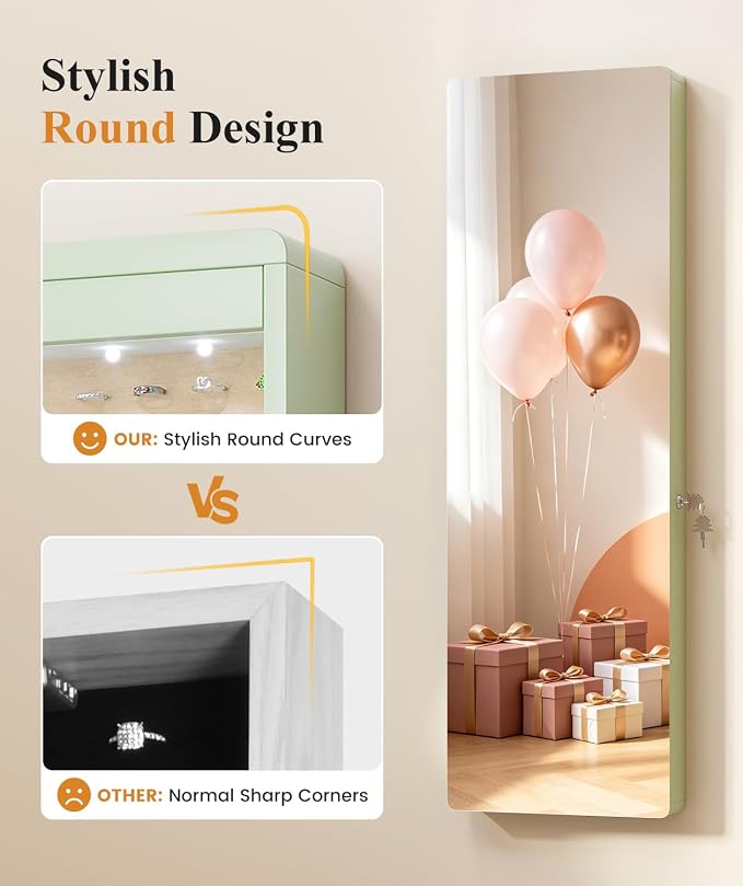 LVSOMT Over the Door Jewelry Organizer with Mirror Door Mirror with Storage | Jewelry Mirror Cabinet with Large Capacity, 6 LED Lights,Velvet Lining, Space-Saving for Bedroom, Cloakroom, Gift Women Girls