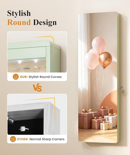LVSOMT Over the Door Jewelry Organizer with Mirror Door Mirror with Storage | Jewelry Mirror Cabinet with Large Capacity, 6 LED Lights,Velvet Lining, Space-Saving for Bedroom, Cloakroom, Gift Women Girls