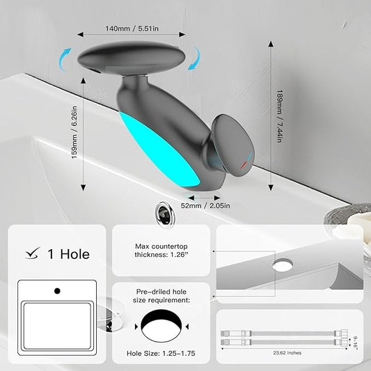 Smart Bathroom Faucet with Pull-Out Sprayer, 4 Modes Bathroom Faucet Waterfall Fountain, 360° Rotating Spout, Single Hole Modern Vanity Tap, Temperature-Sensing LED Lights (Grey)