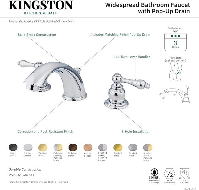 Kingston Brass KB974AL Victorian Widespread Lavatory Faucet with Metal lever handle, Polished Chrome and Polished Brass,8-Inch Adjustable Center