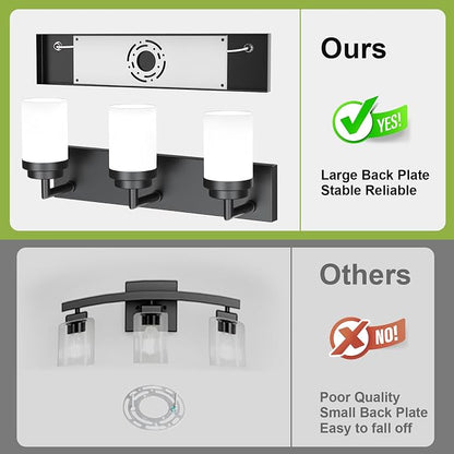 Bathroom Light Fixtures, Matte Black Bathroom Lighting Fixtures Over Mirror, Modern Vanity Light with White Glass Shade, Restroom Lighting Fixtures, 3-Light 22-inch