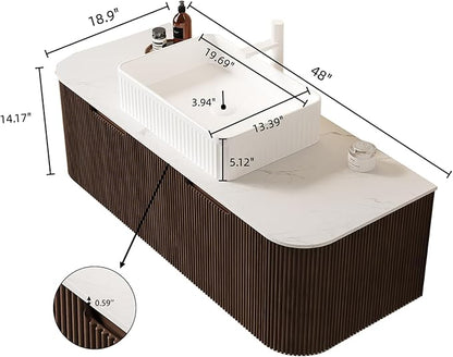 Yayzy 48" Floating Bathroom Vanity with Sink, Solid Wood Fluted Cabinet, White Fluted Square Ceramic Basin & Faux Marble Top, Soft-Close Drawer, Pre-Assembled, Walnut Woodgrain