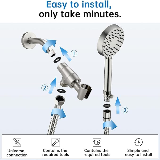 G-Promise All Metal Handheld Shower Head with Shut Off Valve & Long Hose | Built to Last, Water-Saving On/Off Pause Valve, Solid Brass Bracket Holder, 70" to 75" Flexible Stainless Steel Hose