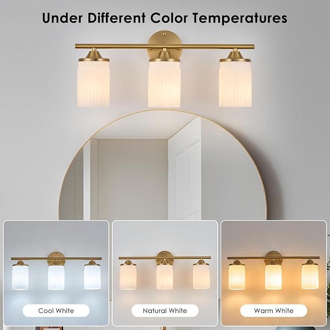 Jonsi Gold Bathroom Light Fixtures 3-Light Vanity Lights Modern Wall Sconce with Milk White Shade Brushed Brass Bathroom Light Fixture Over Mirror for Bedroom Hallway Kitchen