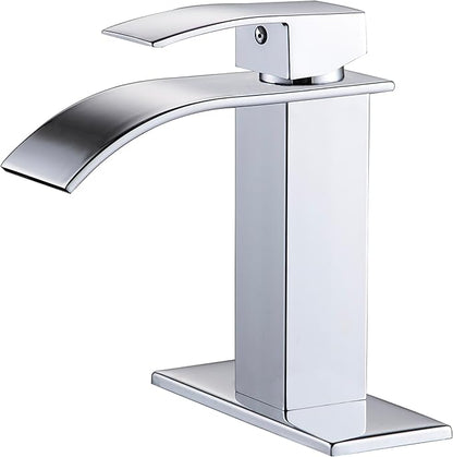 Chrome Bathroom Faucets Waterfall Modern Single Handle Bathroom Sink Faucet 1 Hole with 3 Hole Deck Plate, Vanity Rv Camper Farmhouse Bathroom Faucet