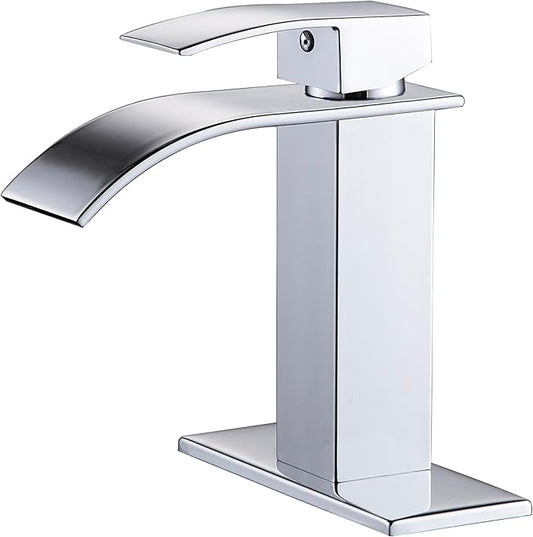 Chrome Bathroom Faucets Waterfall Modern Single Handle Bathroom Sink Faucet 1 Hole with 3 Hole Deck Plate, Vanity Rv Camper Farmhouse Bathroom Faucet