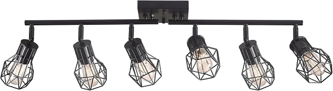 Matte Black Ceiling Mount Track Lighting 6-Light E26 for Kitchen | Matte Black 6-Light Farmhouse Track Lighting, Metal Cage, Adjustable Heads, E26 Base for Kitchen Bathroom Living Room
