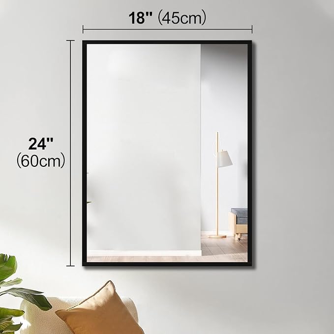 Rectangular Wall Mirror, Black Aluminum Frame, 18x24 Inches, Modern Style, Tempered Glass, Wall Mount for Bathroom Bedroom Living Room