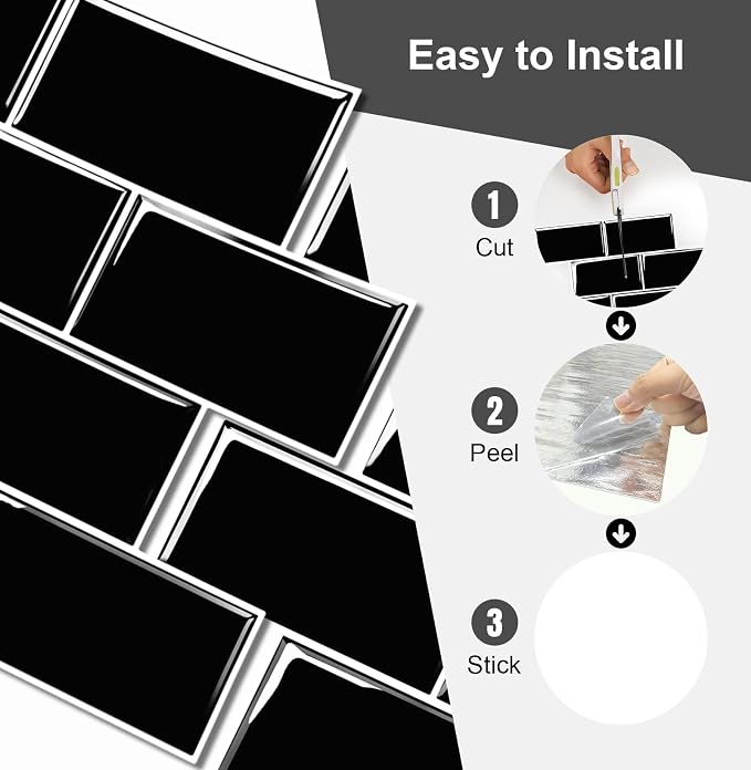 10 Sheets Thicker Peel and Stick Backsplash, Peel and Stick Tiles, Marble Look Wall Tiles Backsplash for Kitchen and Bathroom, Livingroom, 12"x9.8", Black