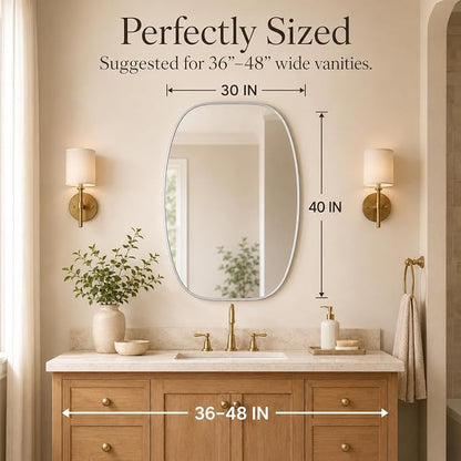 Silver Oval Bathroom Mirror 30x40 Inch | Oblong Vanity Mirror, Crystal-Clear HD Glass, Rust-Proof Aluminum Frame, Elegant Inner-Curved Edge, Modern Contemporary Style
