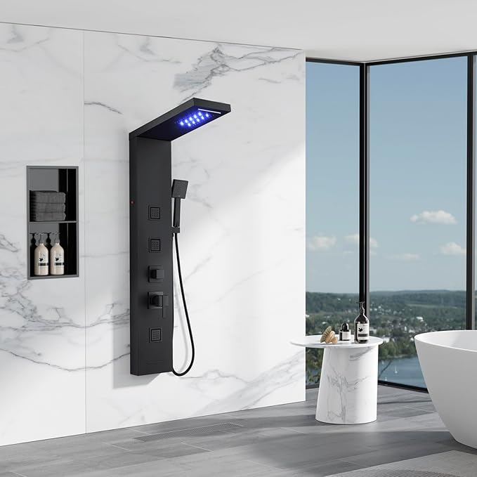 MENATT 5 in 1 Stainless Steel Shower Panel Black Tower System with LED Lights, Rainfall Waterfall Shower Head, Multi Function Shower System with Body Jets and Bath Tub Spout, Matte Black