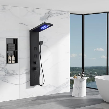 MENATT 5 in 1 Stainless Steel Shower Panel Black Tower System with LED Lights, Rainfall Waterfall Shower Head, Multi Function Shower System with Body Jets and Bath Tub Spout, Matte Black