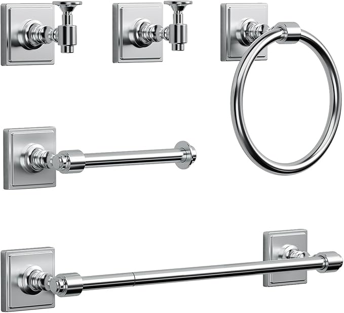 VEHCIL Polished Chrome Bathroom Towel Bar Set, 5 Piece Bathroom Hardware Accessory Set, SUS304 Stainless Steel 24" Towel Rack Holder Set for Bathroom, Wall Mounted