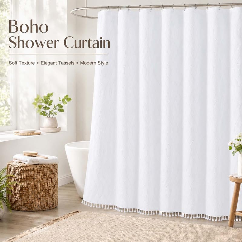 OVZME Extra Long White Shower Curtain 96 Inch Long, Puff Printed Textured Shower Curtain with Tassels, Tall Farmhouse Geometry Bathroom Curtain, Water Resistant Fabric, 72Wx96L Inches