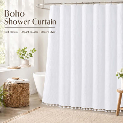 OVZME Extra Long White Shower Curtain 96 Inch Long, Puff Printed Textured Shower Curtain with Tassels, Tall Farmhouse Geometry Bathroom Curtain, Water Resistant Fabric, 72Wx96L Inches