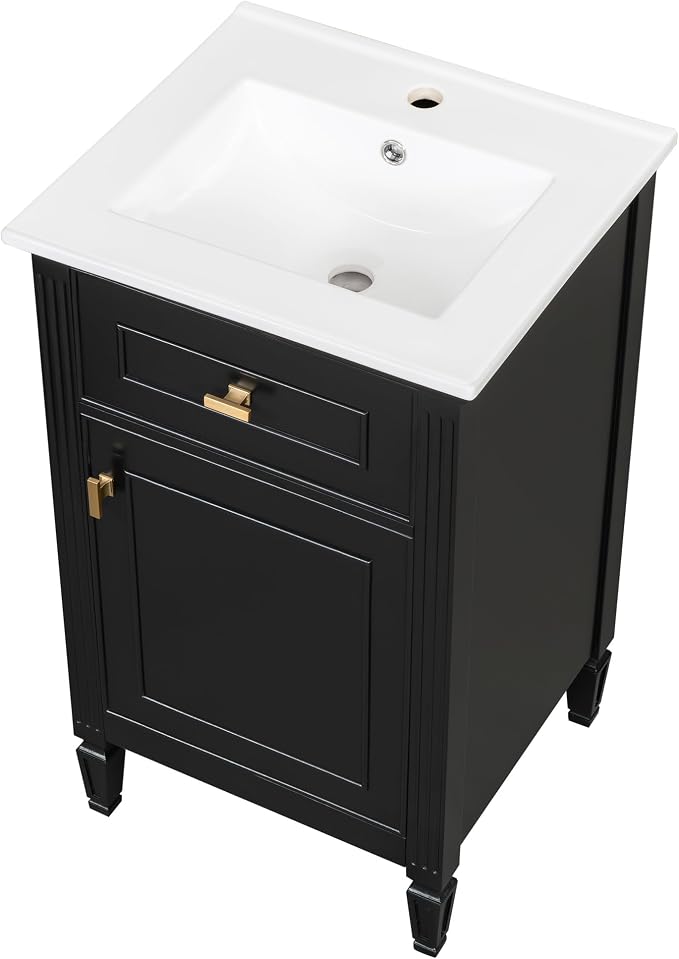 GDFStudio Hawthorne 20" Modern Bathroom Vanity with Sink, Freestanding Bathroom Vanity Organizer with Tilt Out Drawer, Adjustable Shelf and Solid Wood Legs, Single Sink Bathroom Vanity, Black