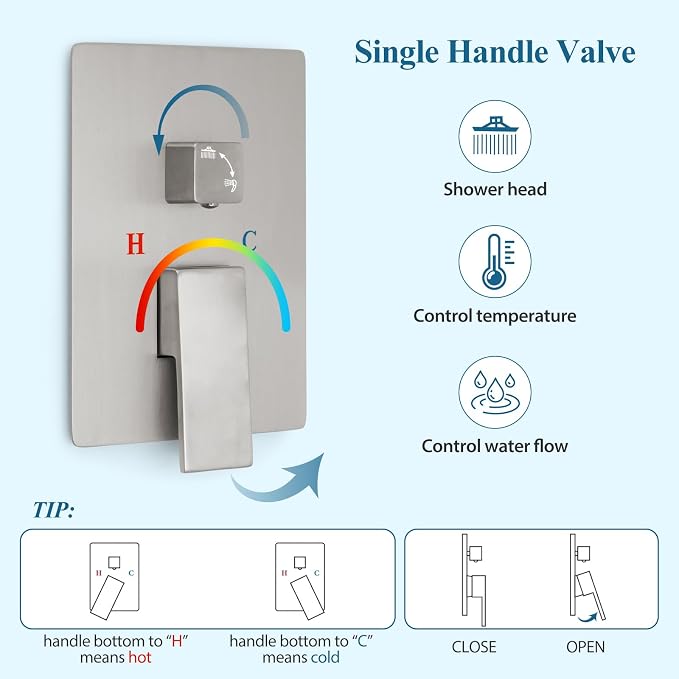 Brushed Nickel Square Rainfall Shower Head Set with Handheld, 10" | 10 Inch Square Head, With Shower Valve, Rustproof Brushed Nickel, High Pressure Raindrop