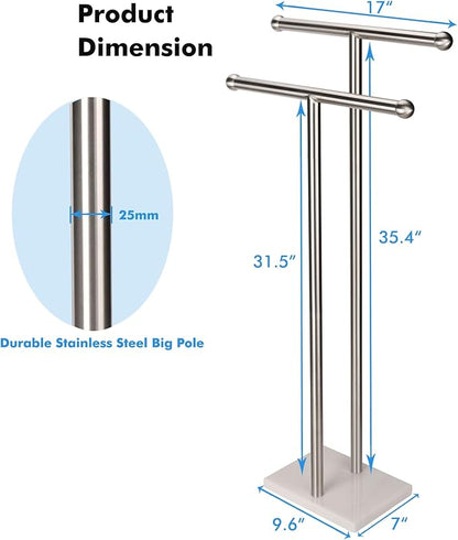 Standing Towel Rack Double-T Shape Tall Bath Towel Sheet Holder with Marble Design Base for Bathroom 2 Tier Towel Holder Stand Stainless Steel (Brushed Nickel)
