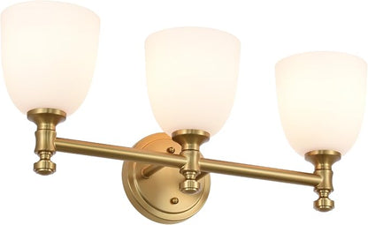 Gold Bathroom Vanity Light, 3-Light Bathroom Light Fixtures Over Mirror, Traditional Vanity Lights for Living Room, Milk White Bell Glass Shades, Standard E26 Base, Aged Brass