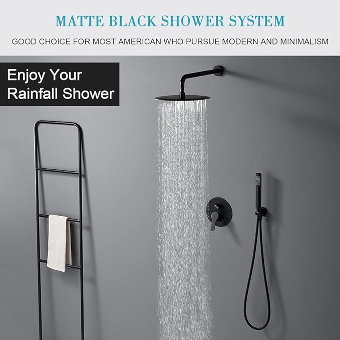 Matte Black Shower Faucet Set, Rain Shower System Contain 10 Inches Rain Shower Head with Handheld, Bathroom Wall Mounted Rainfall Shower Fixture Set(Round Black Shower + Rough Valve)