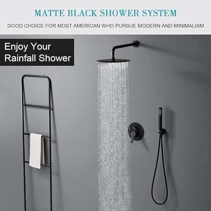 Matte Black Shower Faucet Set, Rain Shower System Contain 10 Inches Rain Shower Head with Handheld, Bathroom Wall Mounted Rainfall Shower Fixture Set(Round Black Shower + Rough Valve)