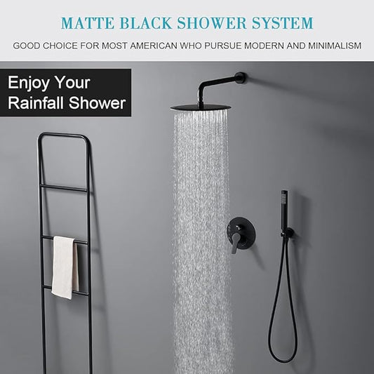 Matte Black Shower Faucet Set, Rain Shower System Contain 10 Inches Rain Shower Head with Handheld, Bathroom Wall Mounted Rainfall Shower Fixture Set(Round Black Shower + Rough Valve)
