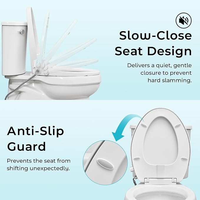 Bidet Toilet Seat,Non-Electric Quiet-Close,Fit Elongated Toilet Seat,Adjustable Water Pressure and Self-Cleaning Dual Nozzles