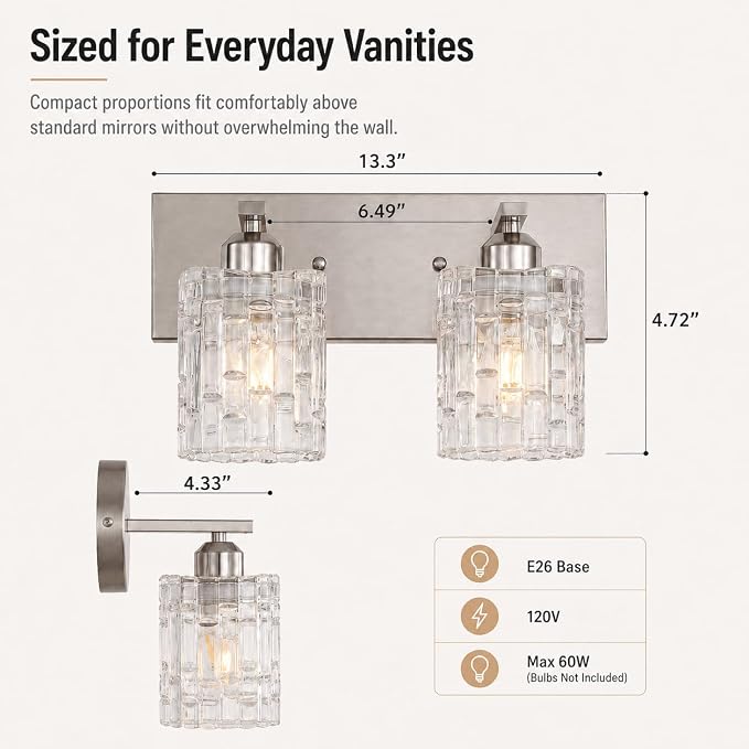 2-Light Nickel Crystal Bathroom Vanity Light Fixture Over Mirror, Modern Bathroom Wall Light for Living Room, Bedroom, Hallway