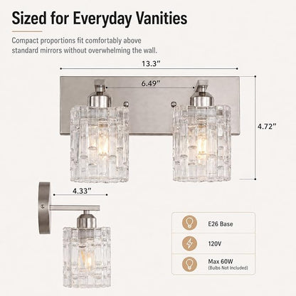 2-Light Nickel Crystal Bathroom Vanity Light Fixture Over Mirror, Modern Bathroom Wall Light for Living Room, Bedroom, Hallway