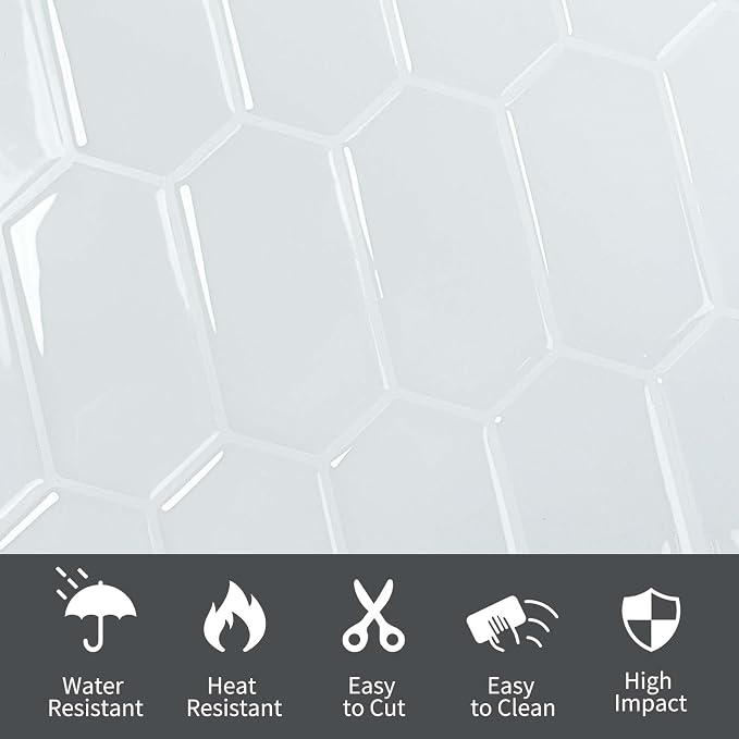 10-Sheet Long Hexagon Peel and Stick Kitchen Backsplash Tiles | 3D Waterproof Self-Adhesive Wall Tile Stick on Backsplash for Kitchen, Bathroom, Fireplace,RV(White,12"×12")