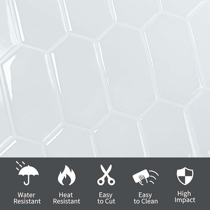 10-Sheet Long Hexagon Peel and Stick Kitchen Backsplash Tiles | 3D Waterproof Self-Adhesive Wall Tile Stick on Backsplash for Kitchen, Bathroom, Fireplace,RV(White,12"×12")