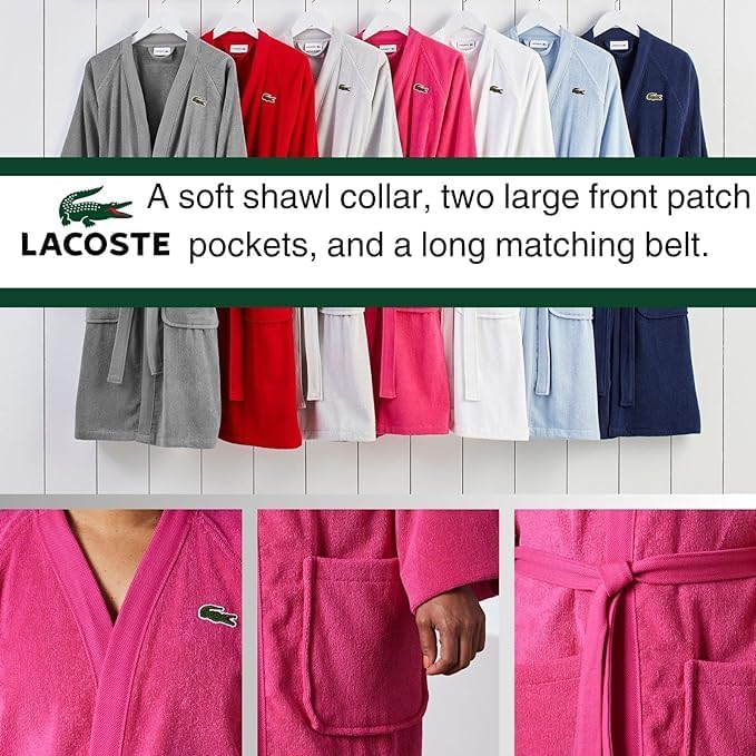 Lacoste Classic Pique Bath Robe, 100% Soft Cotton Terry, Unisex Adult Bathrobe, Absorbent & Quick Drying, One Size Fits Most
