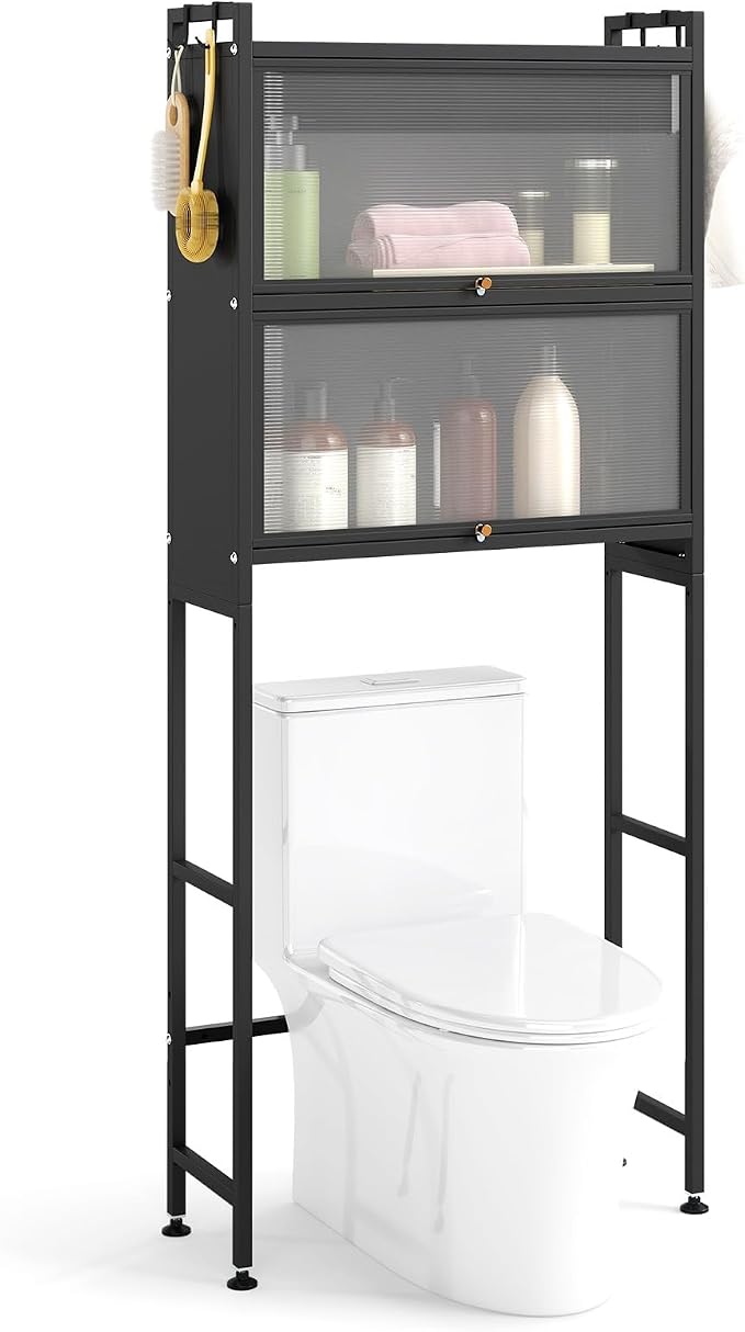 BECOMFORT Over The Toilet Storage Cabinet, Above Toilet Bathroom Shelf with Flip-up PC Doors, Metal Stand & 4 Hooks, Freestanding Space Saver, Over Toilet Bathroom Organizer for Laundry Room (Black)