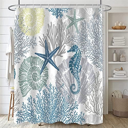 Nkzply 4 Pcs Beach Shower Curtain Set Blue Ocean Bathroom Sets with Shower Curtain and Rugs Seahorse Shower Curtains Set Seashell Starfish Bathroom Decor Accessories Coral Bathroom Rugs Set