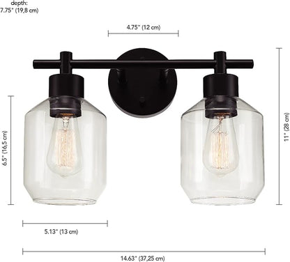 Globe Electric 3-Piece Powder Room Set, Matte Black, 2-Light Vanity with Clear Glass Shades and Matching Hardware, 51850