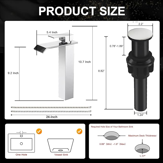 Chrome Bathroom Vessel Sink Faucet, Waterfall Bathroom Faucet, Tall Body 1 Hole Single Handle with Pop Up Drain Without Overflow Combo Vanity Mixer Tap Basin Bowl Sink Polished