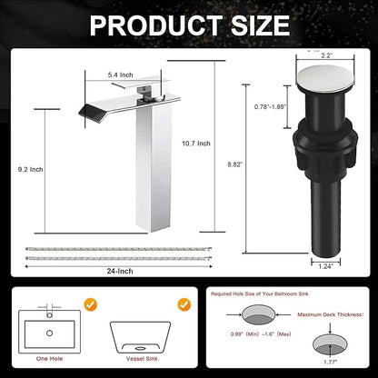 Chrome Bathroom Vessel Sink Faucet, Waterfall Bathroom Faucet, Tall Body 1 Hole Single Handle with Pop Up Drain Without Overflow Combo Vanity Mixer Tap Basin Bowl Sink Polished