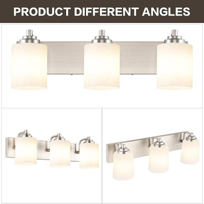 SOLFART Modern Brushed Nickel 3 Light Vanity Sconces for Bathroom, Milky Glass Globe Bathroom Light Fixtures, 3 Lights Over Mirror Wall Mount Lighting (Bulbs Not Included)